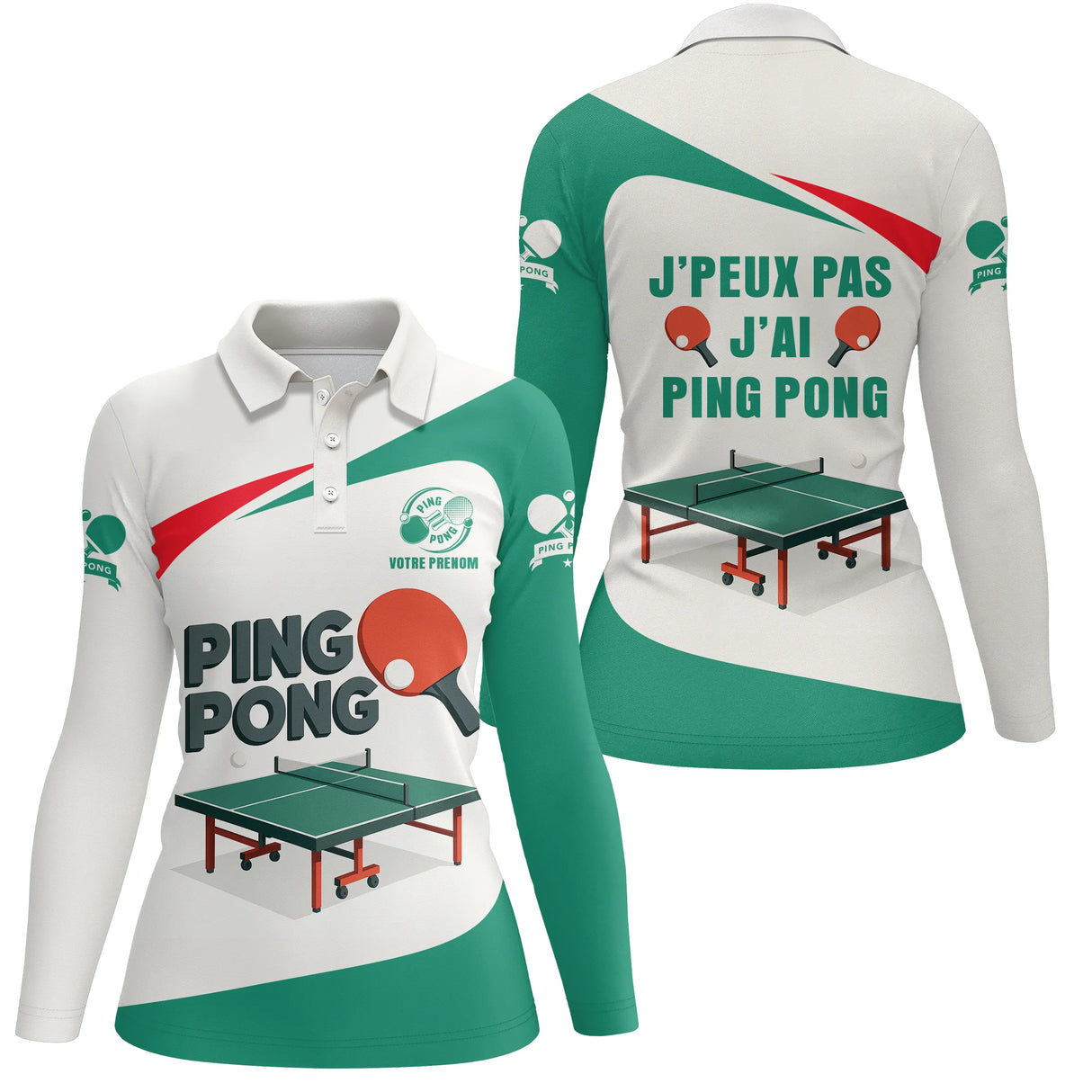 T-shirt ping pong manches longues unisexe vert et blanc avec table tennis de table imprimée
