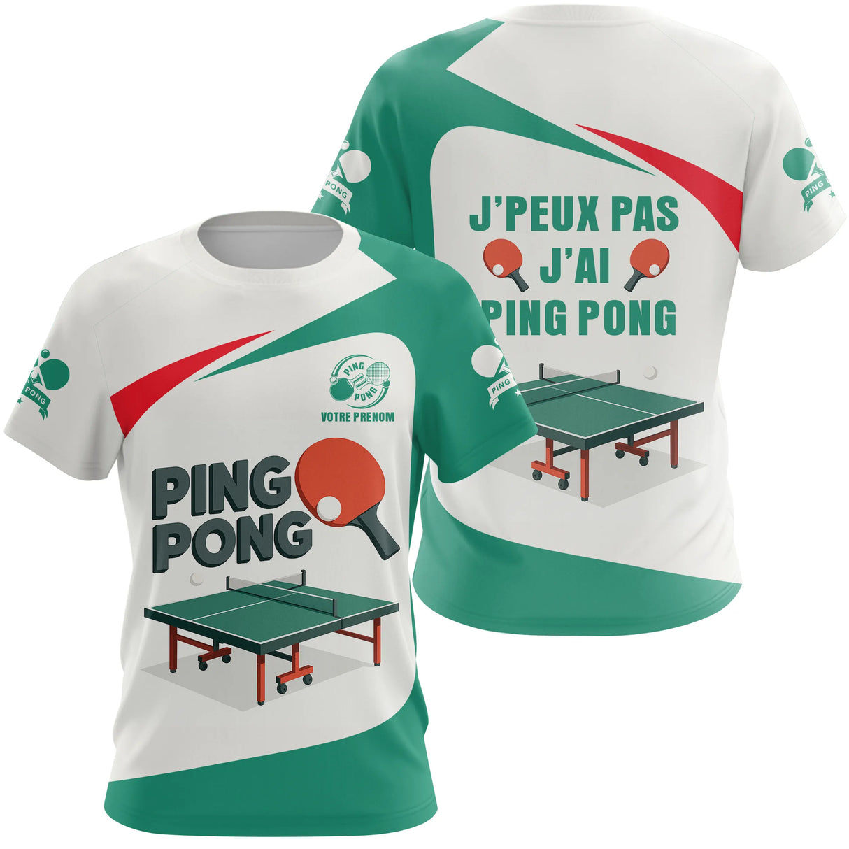 Polo ping pong personnalisé femme vert et blanc en coupe ajustée avec table de tennis et raquette