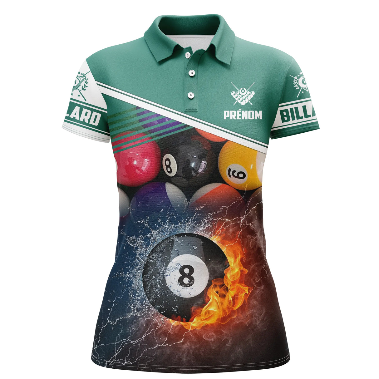 Polo billard vert et blanc femme avec billes en feu sur table verte et BILLARD, prénom personnalisé