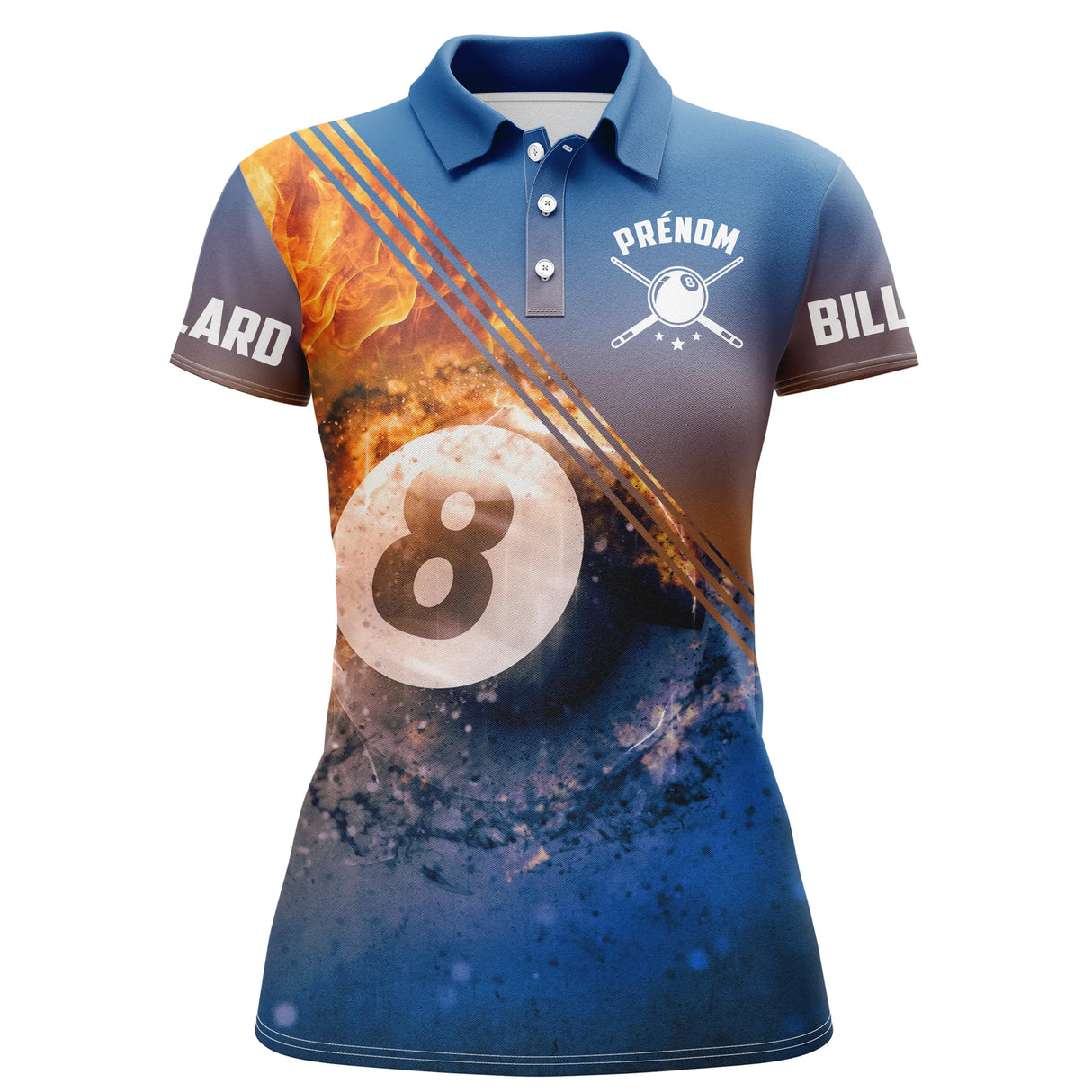 Polo billard bleu femme avec boule de la 8 dans tourbillon eau feu et BILLARD, prénom personnalisé