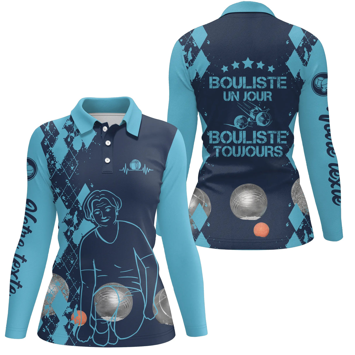 Polo manches longues femme bleu marine Bouliste un jour toujours dos joueuse prénom personnalisé