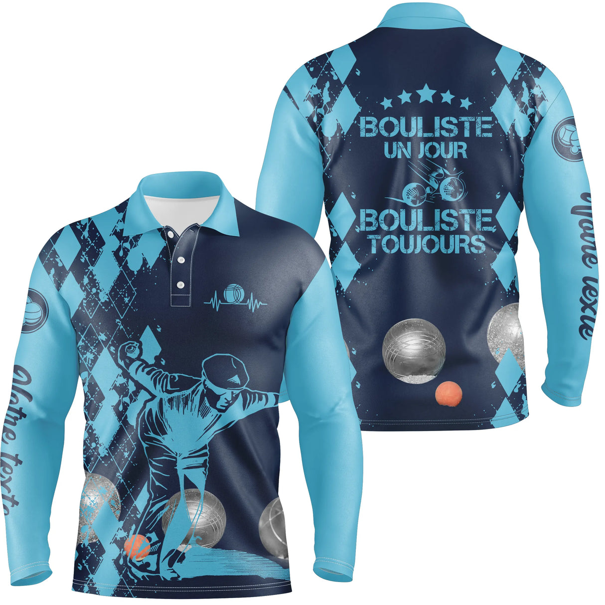 Polo manches longues homme bleu marine Bouliste un jour toujours dos joueur prénom personnalisé