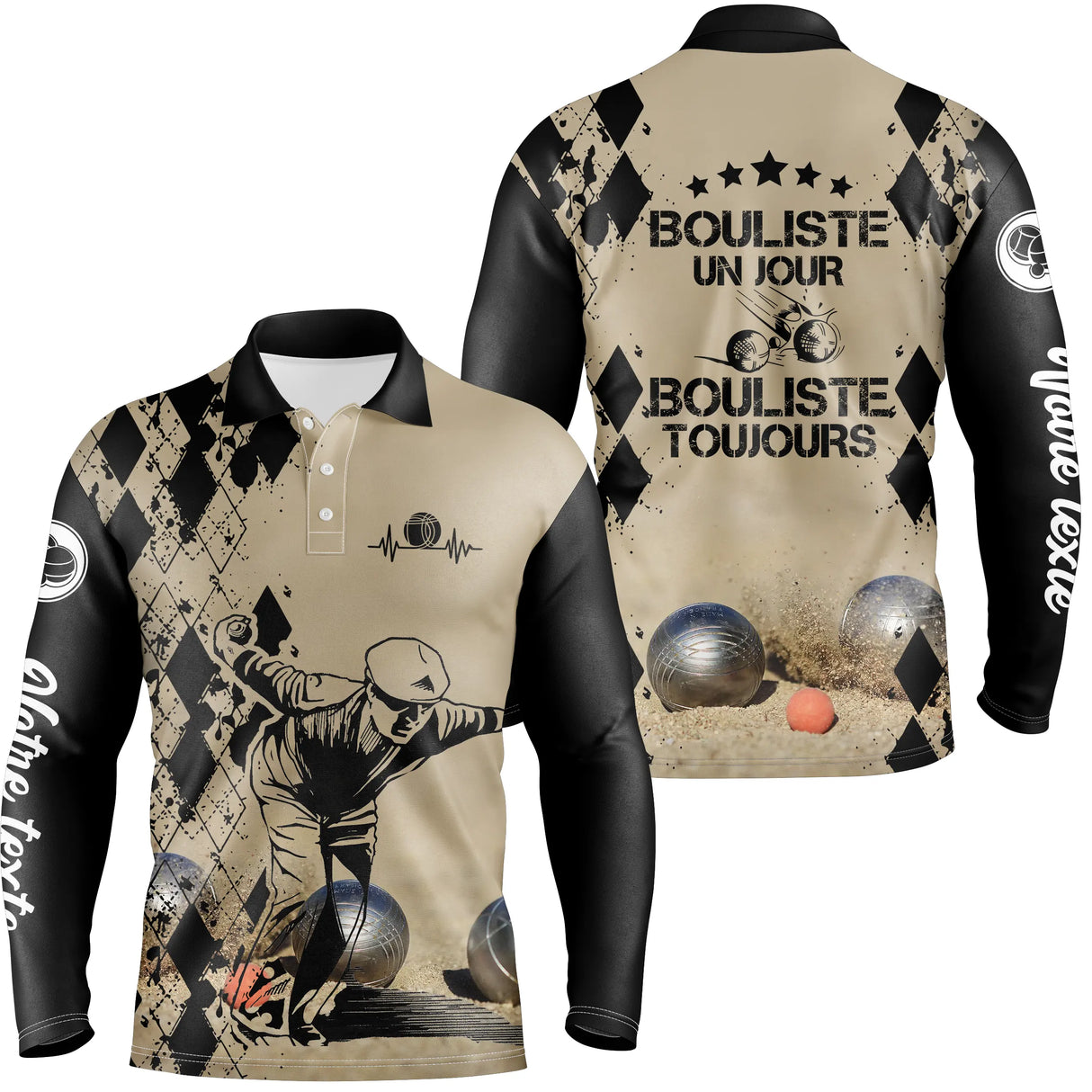Polo manches longues homme sable Bouliste un jour toujours dos joueur boules prénom personnalisé