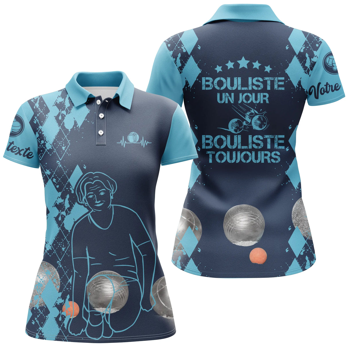 Polo pétanque femme bleu marine Bouliste un jour toujours dos joueuse prénom manche personnalisé