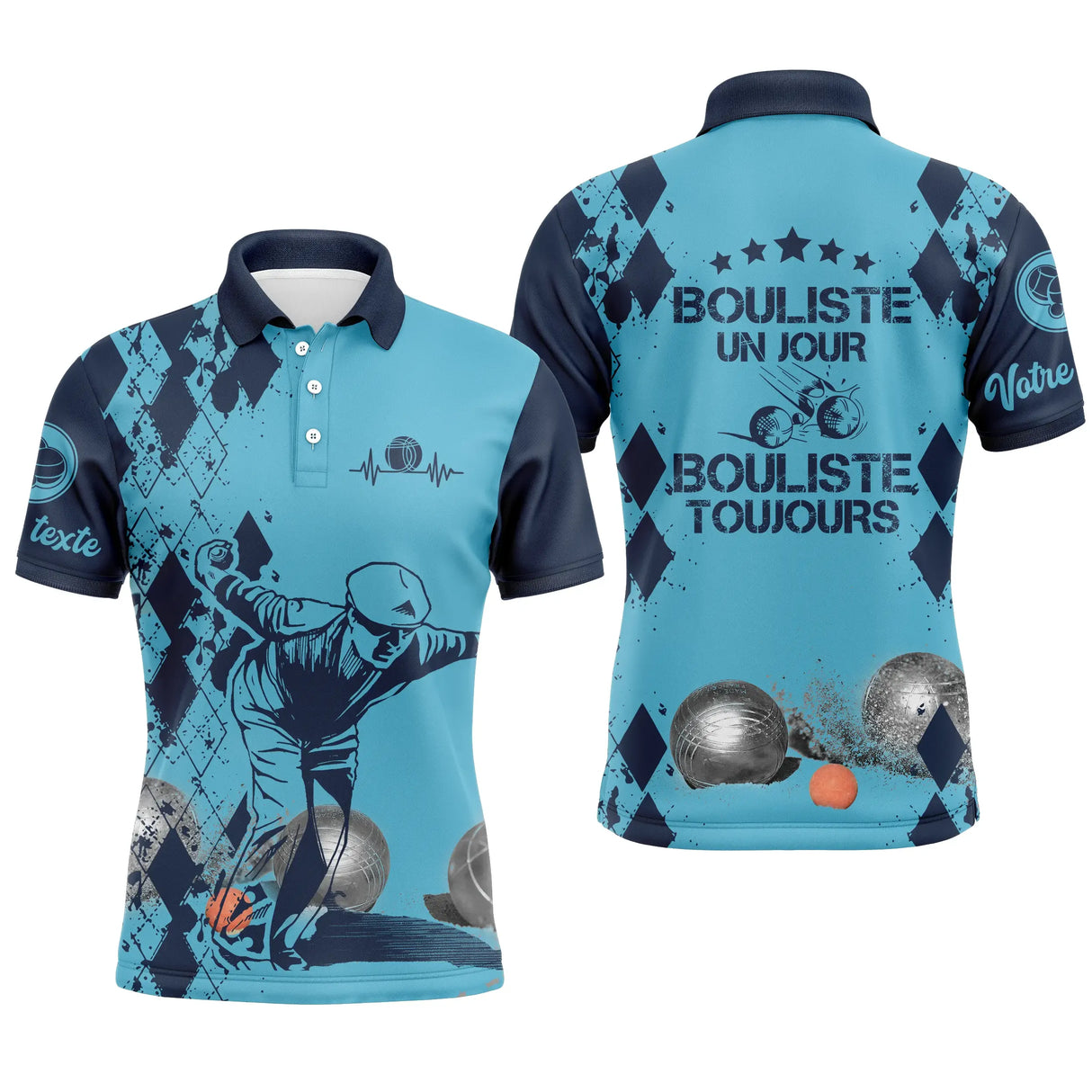 Polo pétanque homme bleu Bouliste un jour toujours étoiles dos joueur boules prénom manche personnalisé
