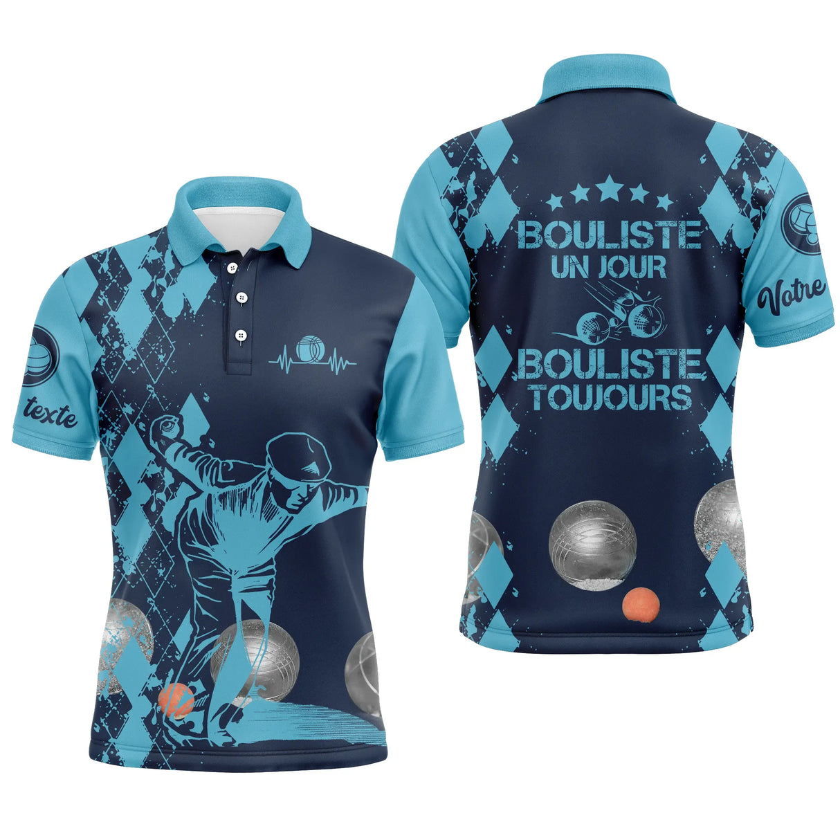 Polo pétanque homme bleu marine Bouliste un jour toujours dos joueur boules prénom manche personnalisé