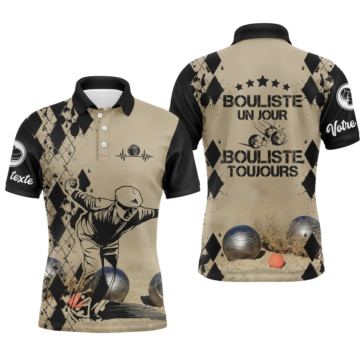 Polo pétanque homme sable Bouliste un jour toujours dos joueur boules prénom manche personnalisé
