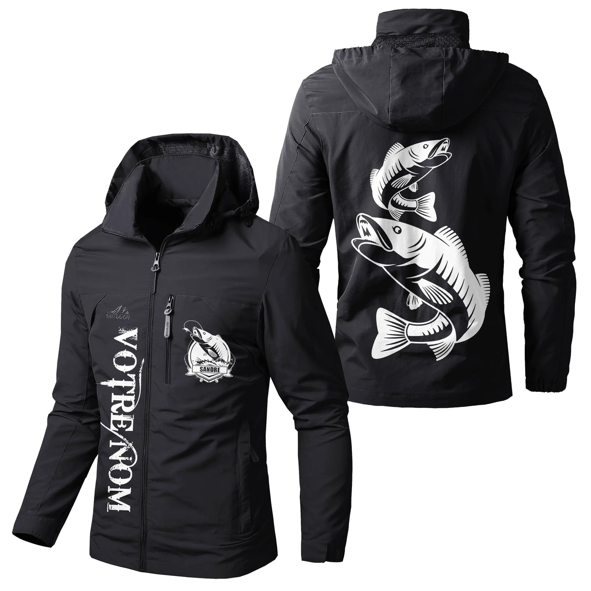 Veste pêche noire à capuche avec motif sandre passion, prénom personnalisé
