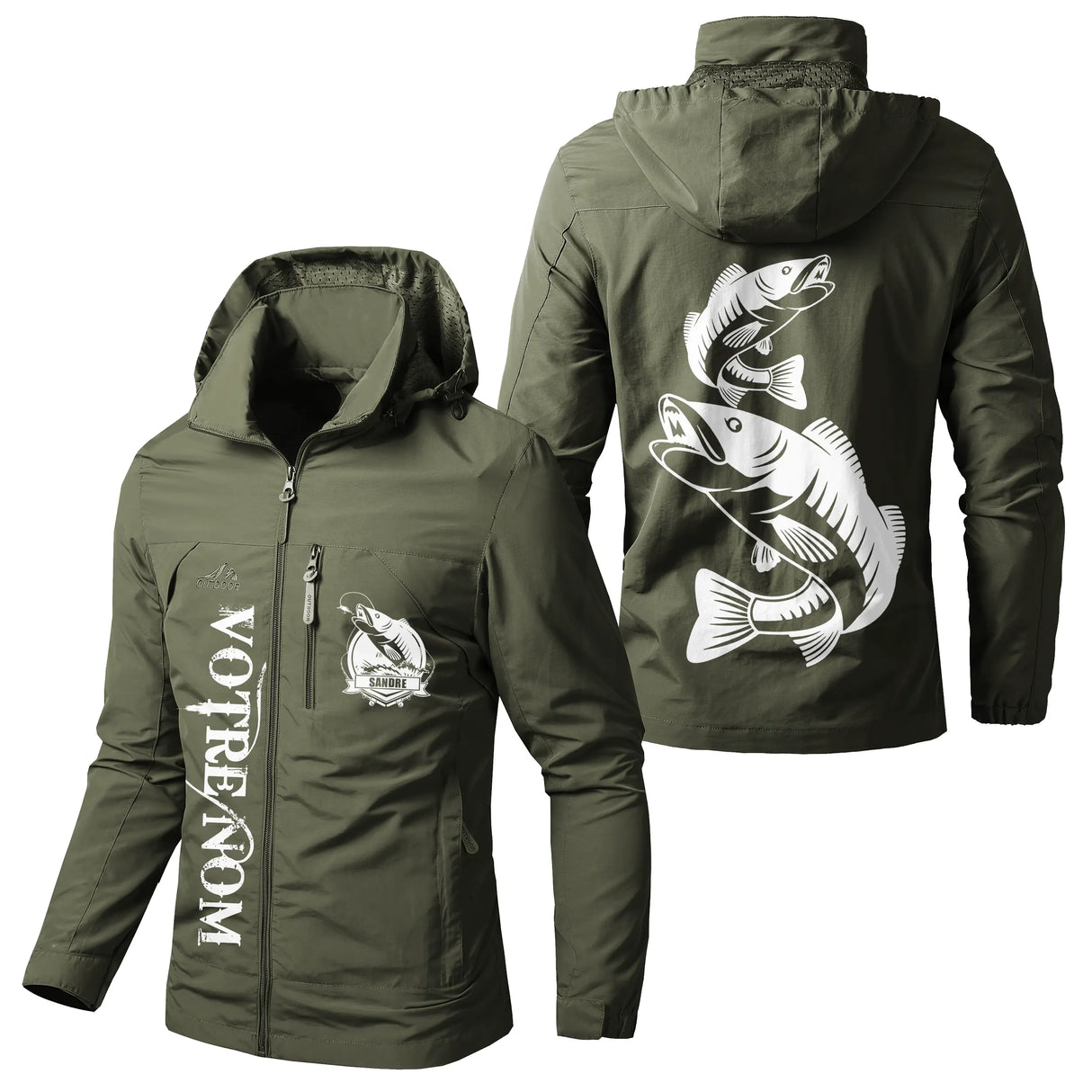 Veste pêche vert kaki à capuche avec illustration sandre détaillée et écusson, prénom et logo torse personnalisés