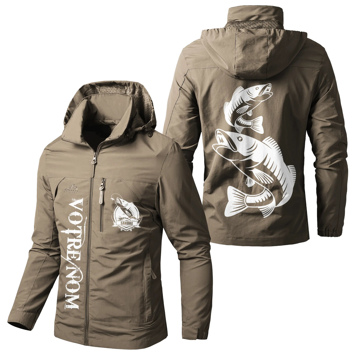 Veste pêche marine à capuche avec illustration sandre, prénom personnalisé