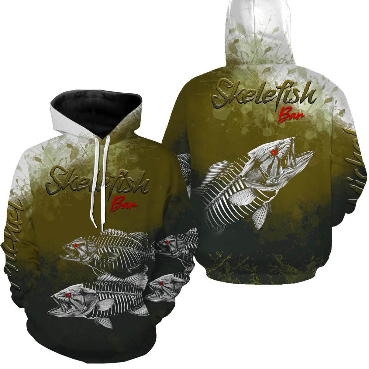 Sweat zippé pêche bar skelefish squelette blanc, prénom brodé, vêtement halieutique unisexe