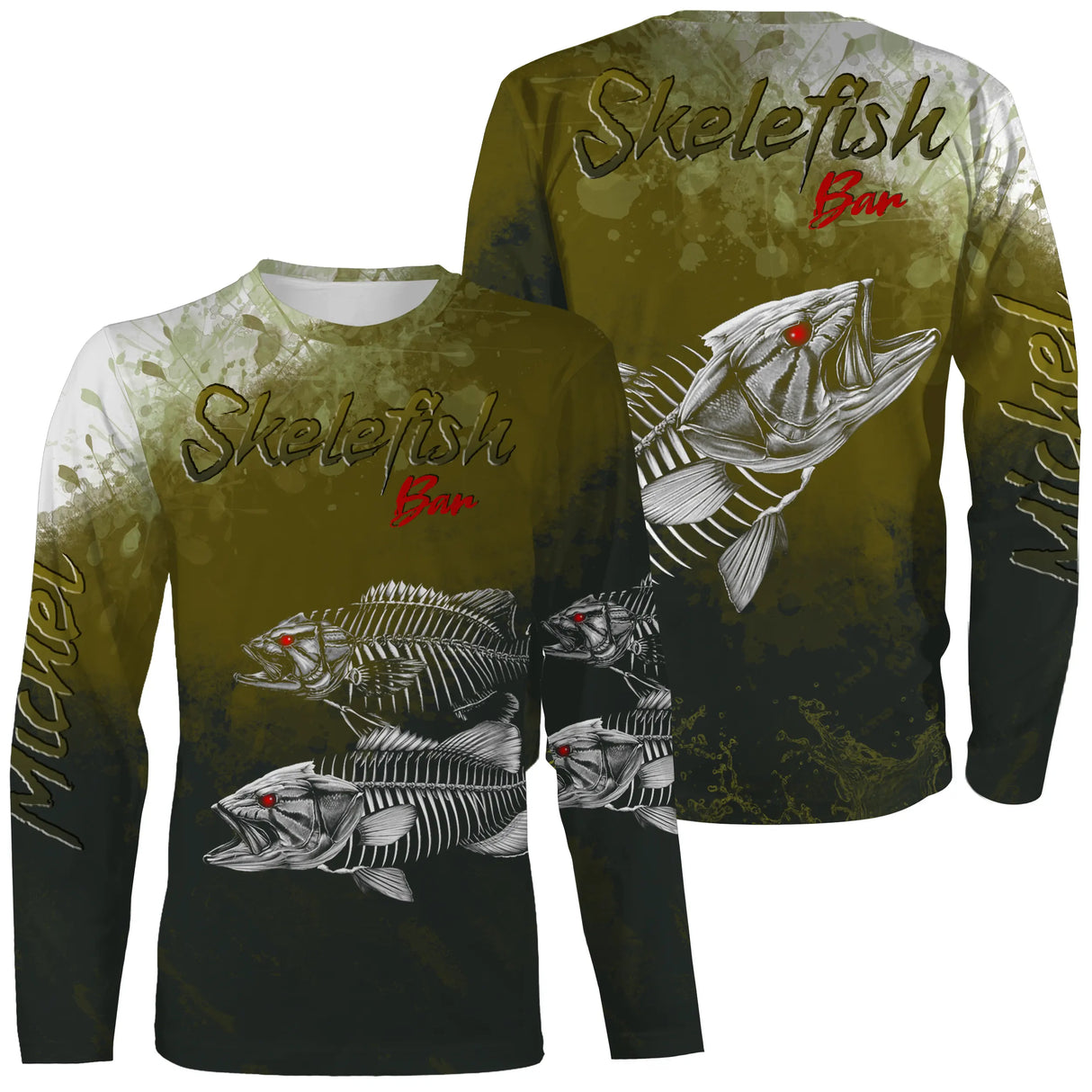 T-shirt manches longues pêche bar skelefish, squelette blanc graphique sur vert mousse, prénom brodé
