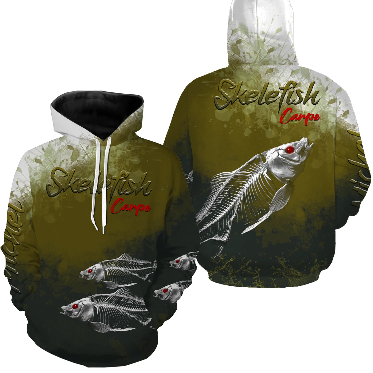 Sweat zippé pêche carpe skelefish squelette blanc, prénom brodé, vêtement halieutique unisexe