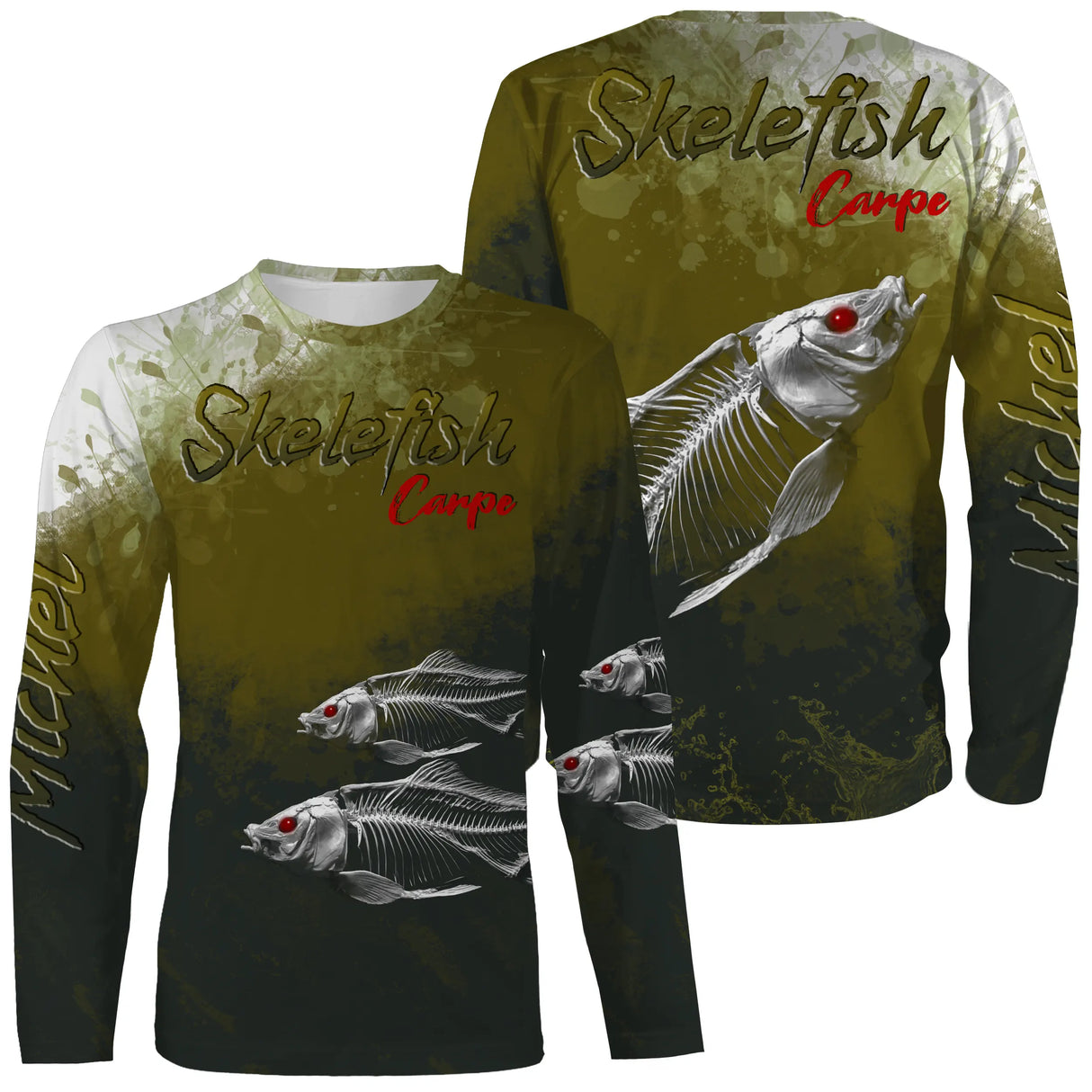 T-shirt manches longues pêche carpe skelefish, squelette blanc graphique sur vert mousse, prénom brodé