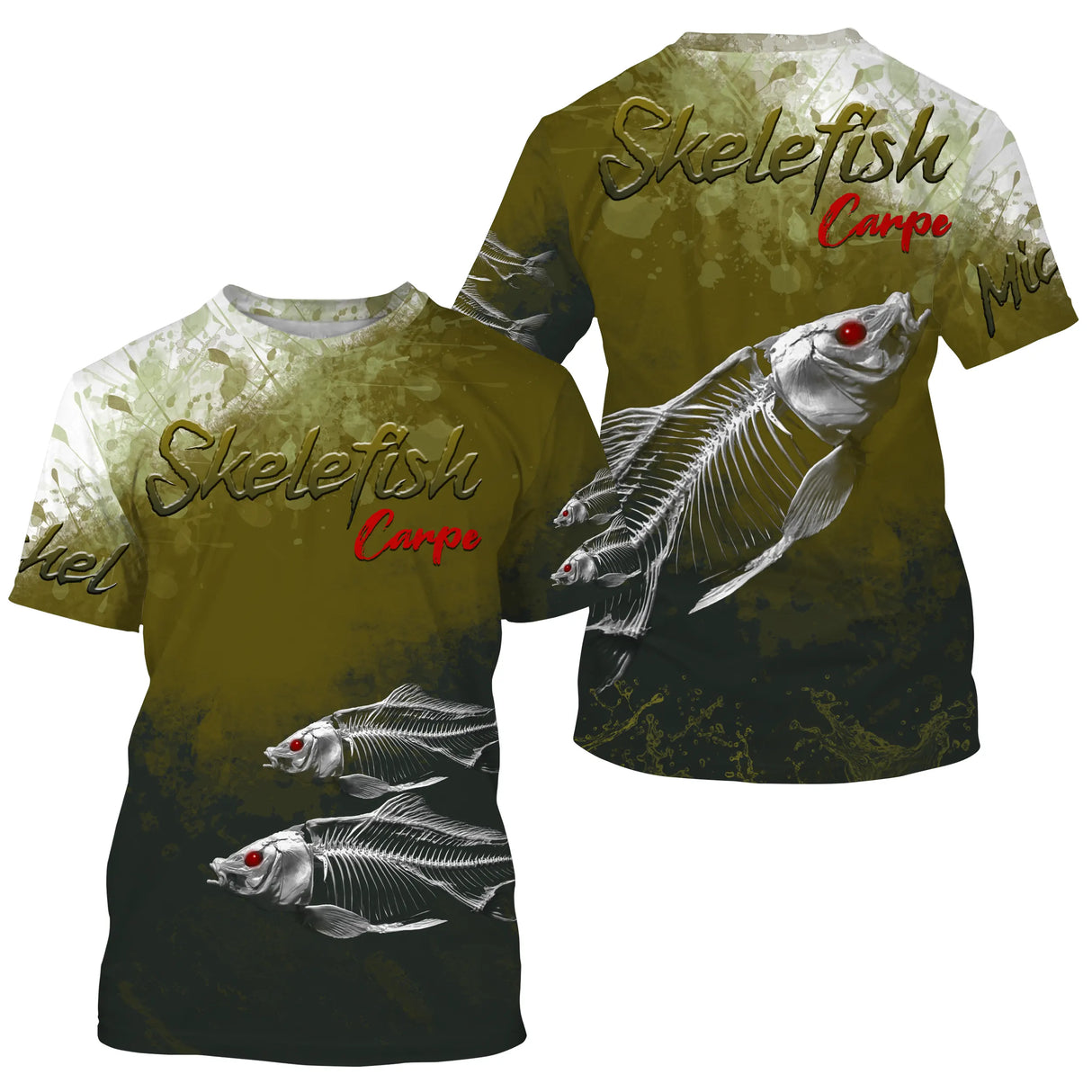 T-shirt manches courtes pêche carpe skelefish, design squelette de cyprin, accessoire personnalisable pour carpiste