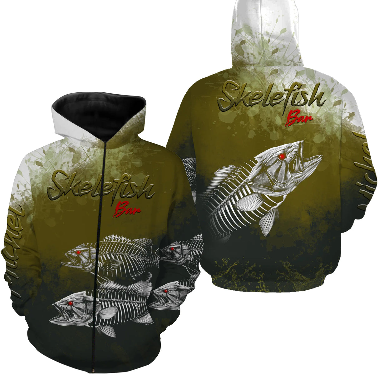 Polo zippé manches longues pêche carpe skelefish design squelette, tenue technique pour team carpe personnalisée