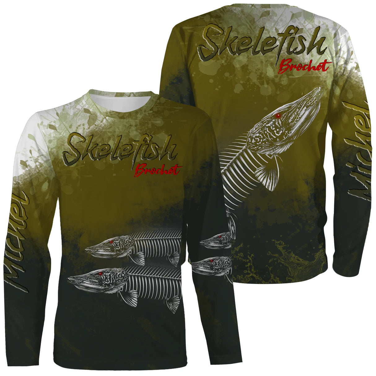 T-shirt manches longues pêche brochet skelefish, squelette blanc graphique sur vert mousse, prénom brodé