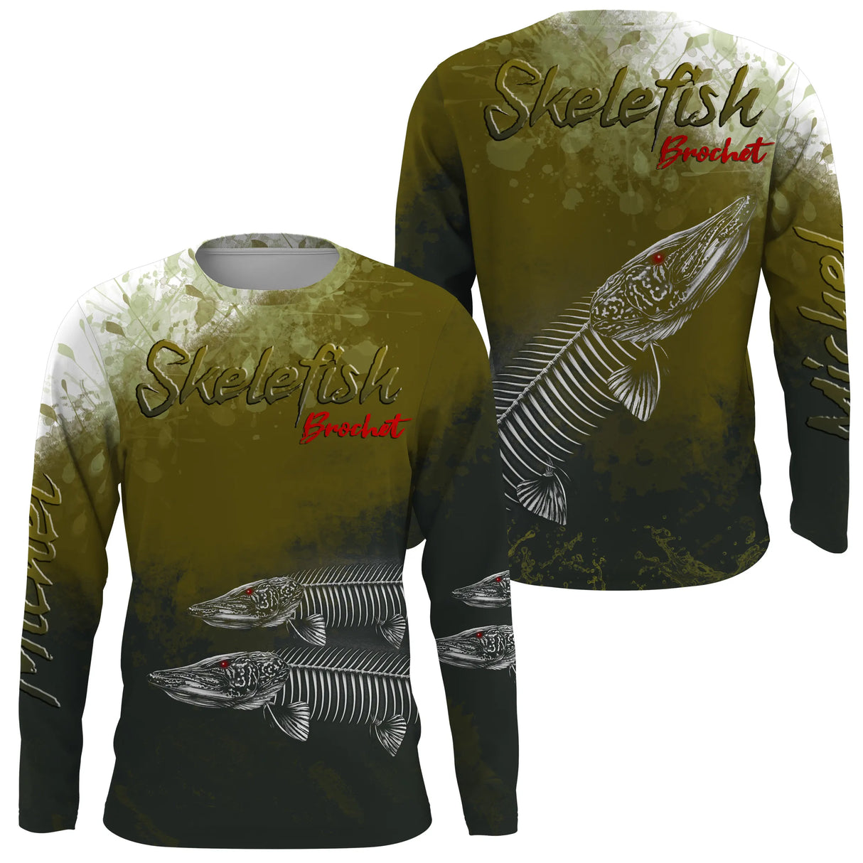 T-shirt anti UV manches longues pêche brochet skelefish, squelette allongé blanc, vêtement halieutique pour brocheteur
