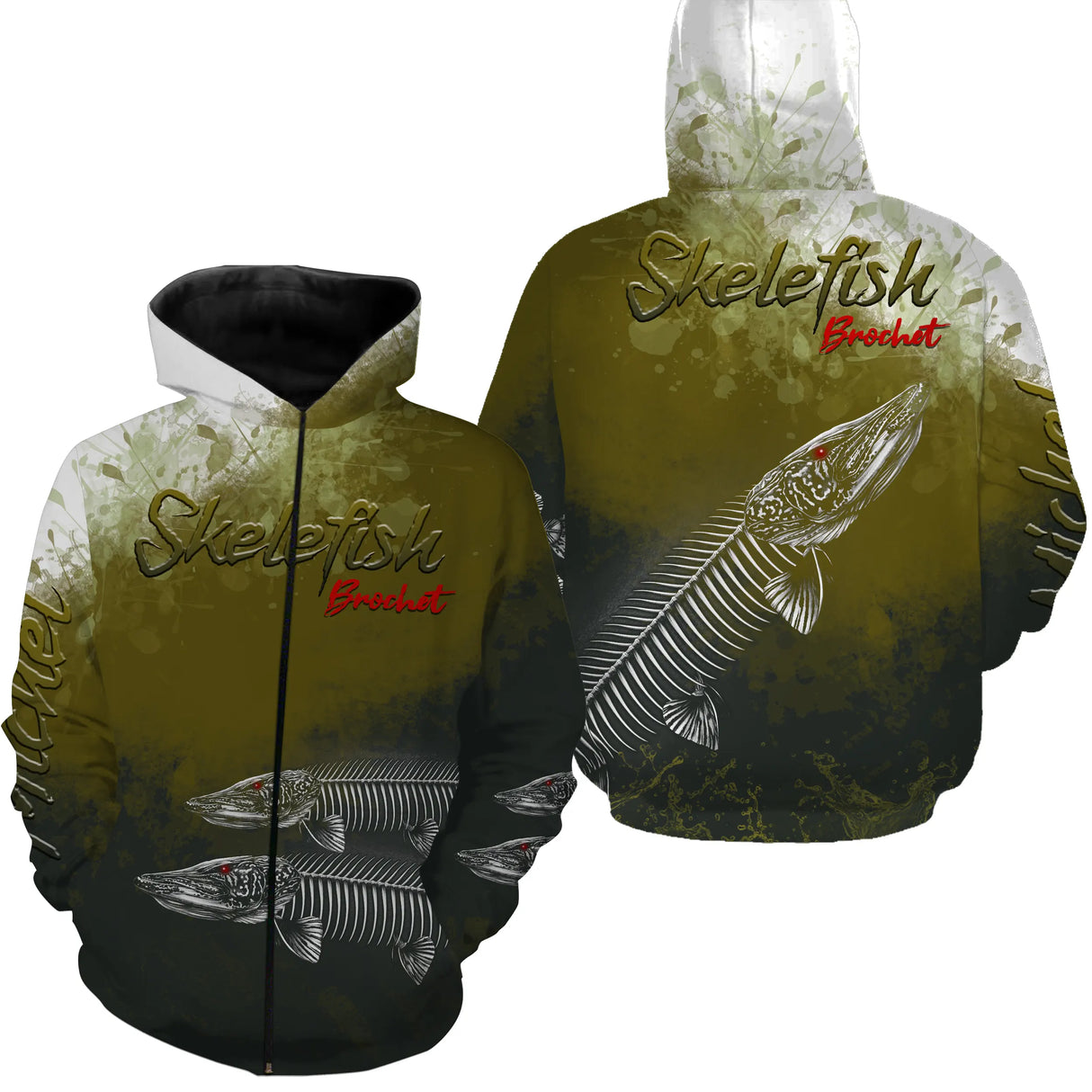 Polo zippé manches longues pêche brochet skelefish design squelette, tenue technique pour guide carnassier personnalisée