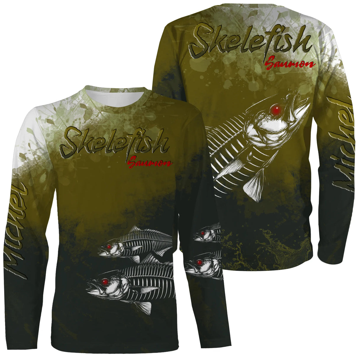 T-shirt manches longues pêche saumon skelefish, squelette blanc graphique sur vert mousse, prénom brodé
