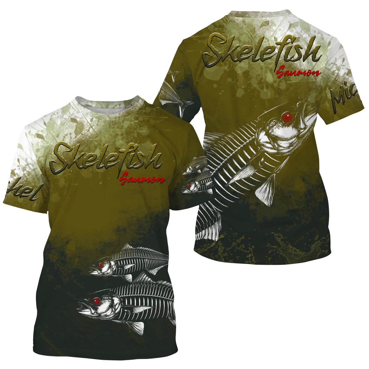 T-shirt manches courtes pêche saumon skelefish, design squelette de salmonidé, accessoire personnalisable pour pêcheur