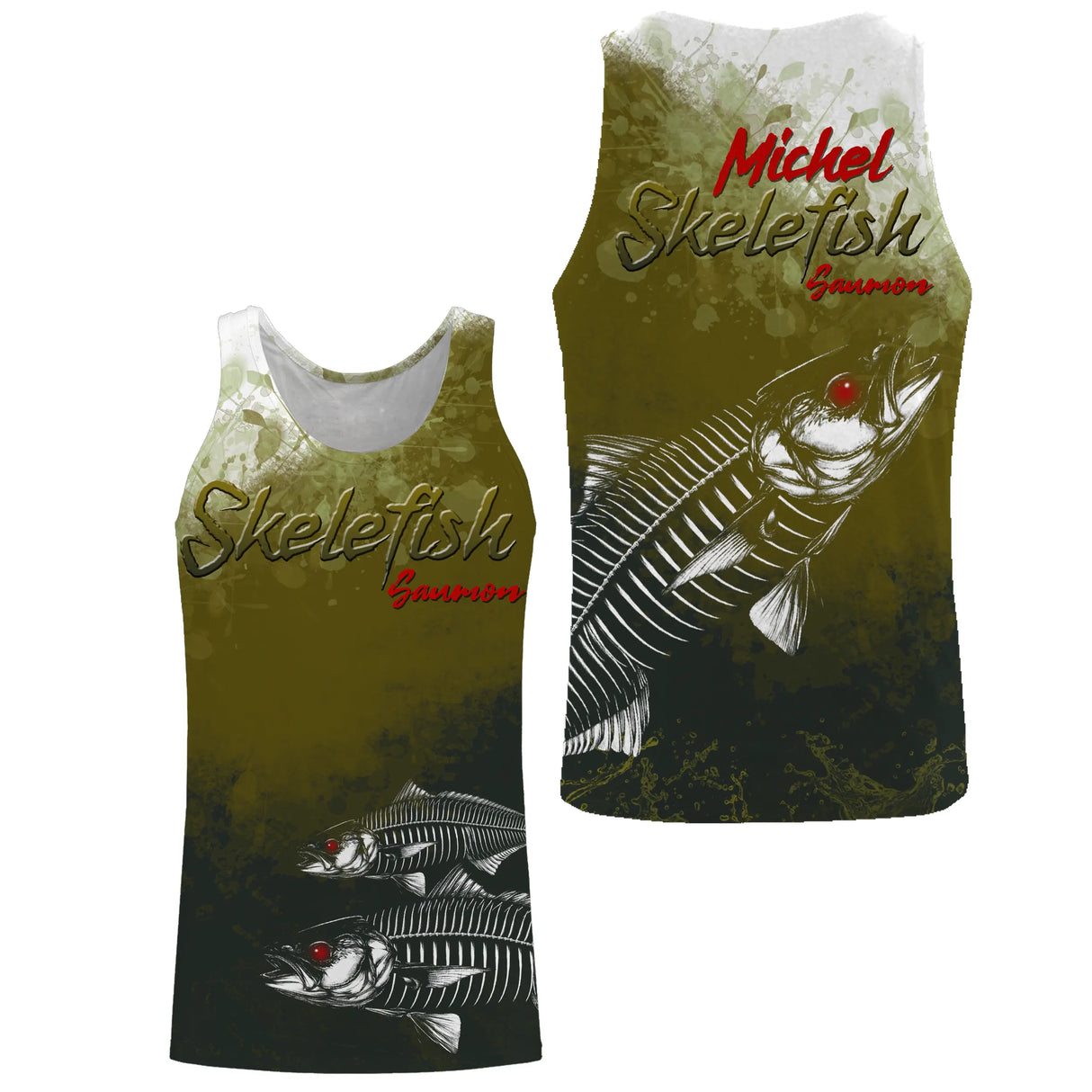 T-shirt halieutique pêche saumon skelefish, coupe technique respirante, design squelette blanc, personnalisable prénom