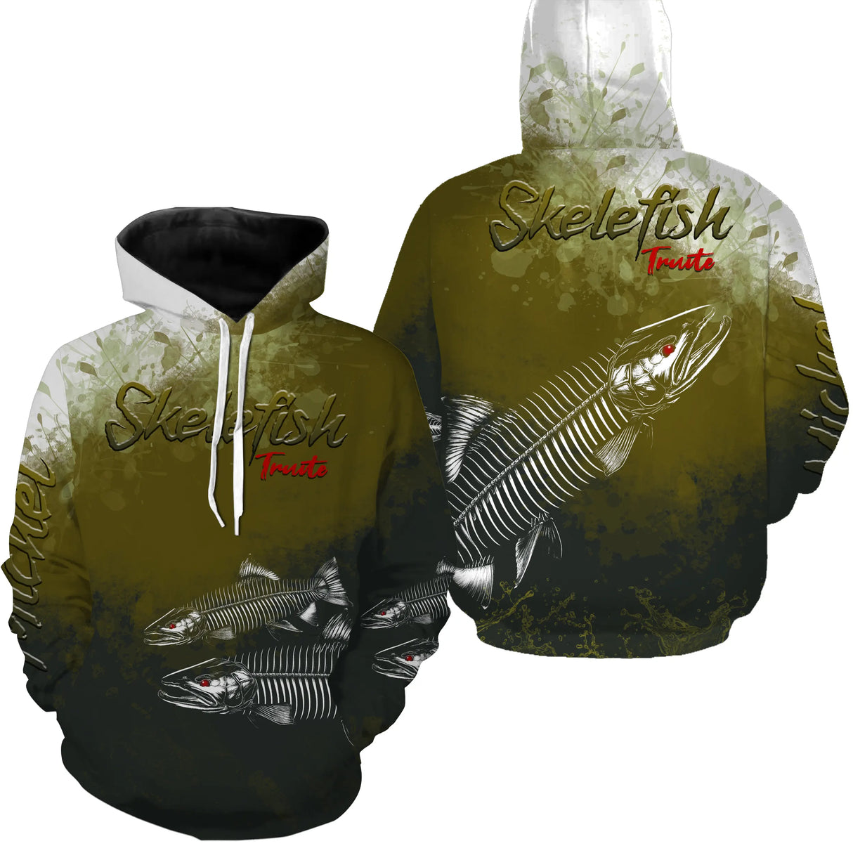 Sweat zippé pêche truite skelefish squelette blanc, prénom brodé, vêtement halieutique moucheur unisexe