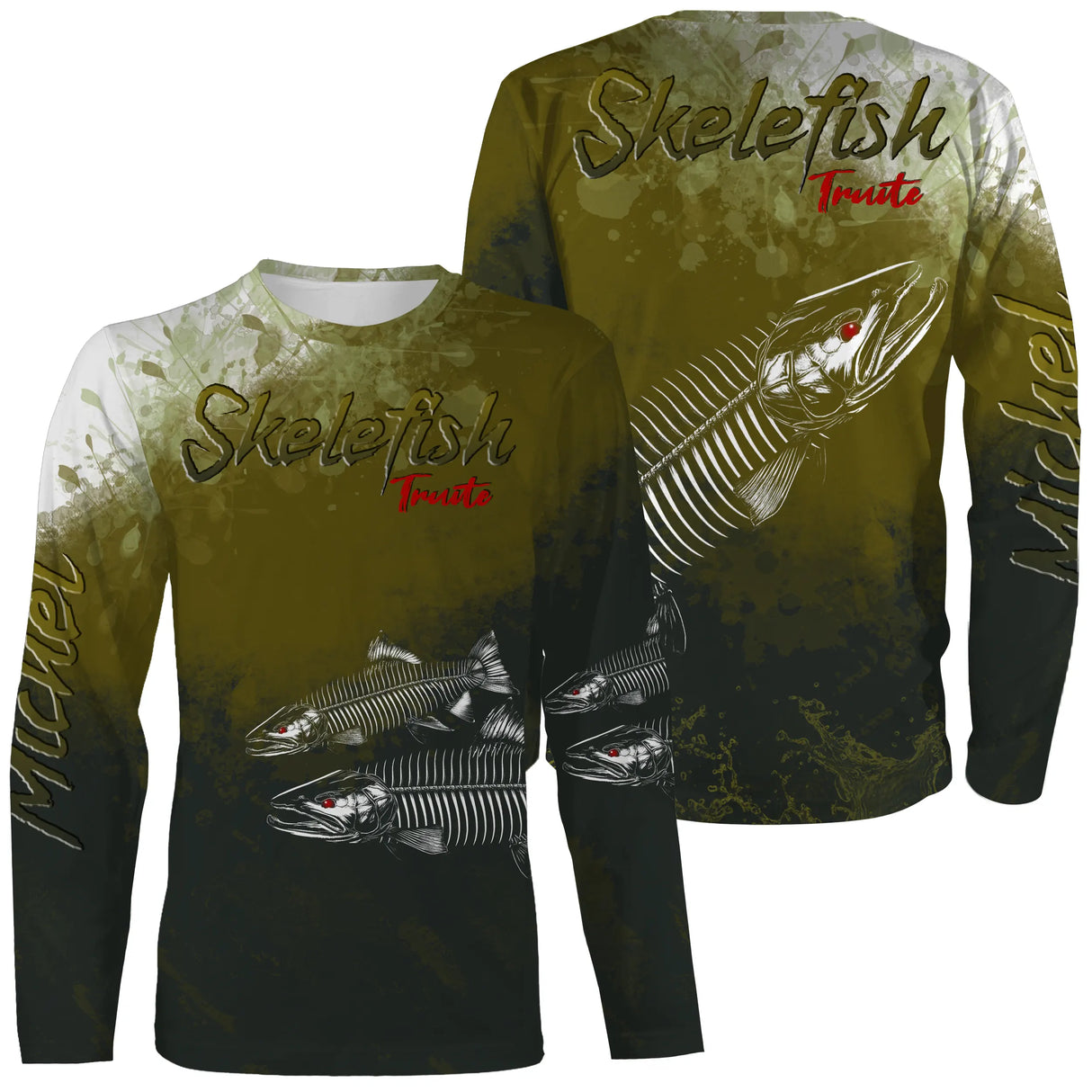 T-shirt manches longues pêche truite skelefish, squelette blanc graphique sur vert mousse, prénom brodé