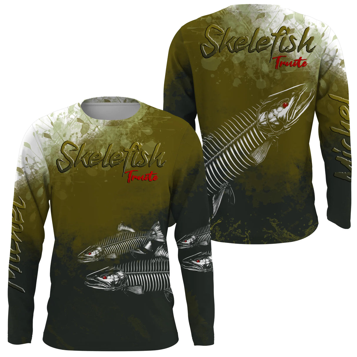 T-shirt anti UV manches longues pêche truite skelefish, squelette détaillé blanc, vêtement halieutique pour moucheur