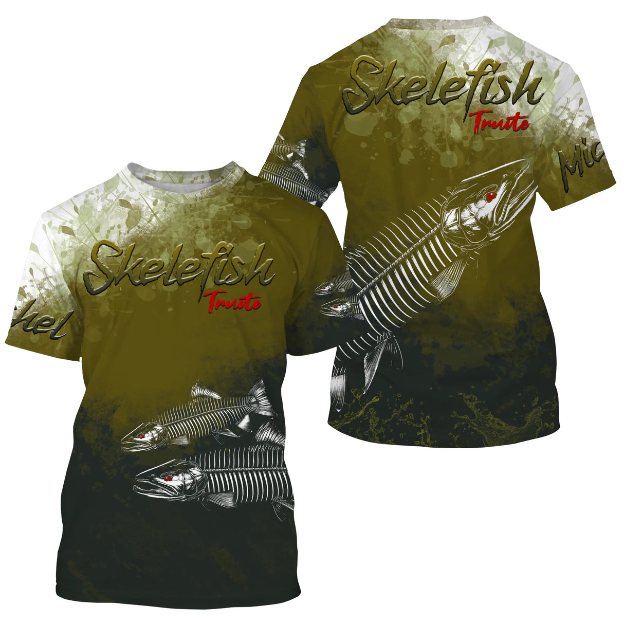 T-shirt manches courtes pêche truite skelefish, design squelette de salmonidé, accessoire personnalisable pour pêcheur