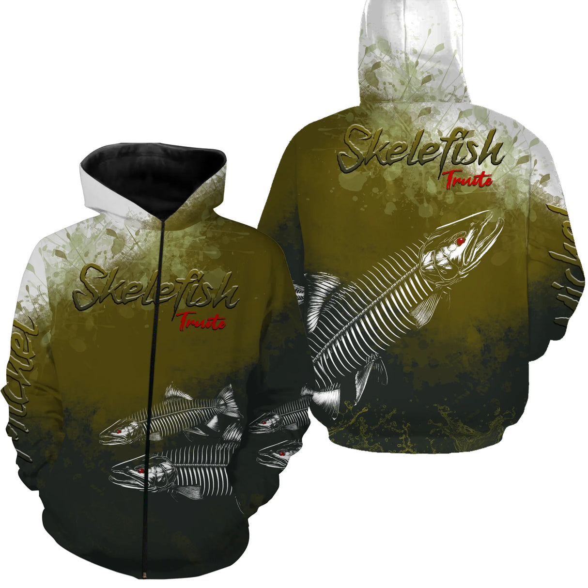 Polo zippé manches longues pêche truite skelefish design squelette, tenue technique pour guide salmonidé personnalisée