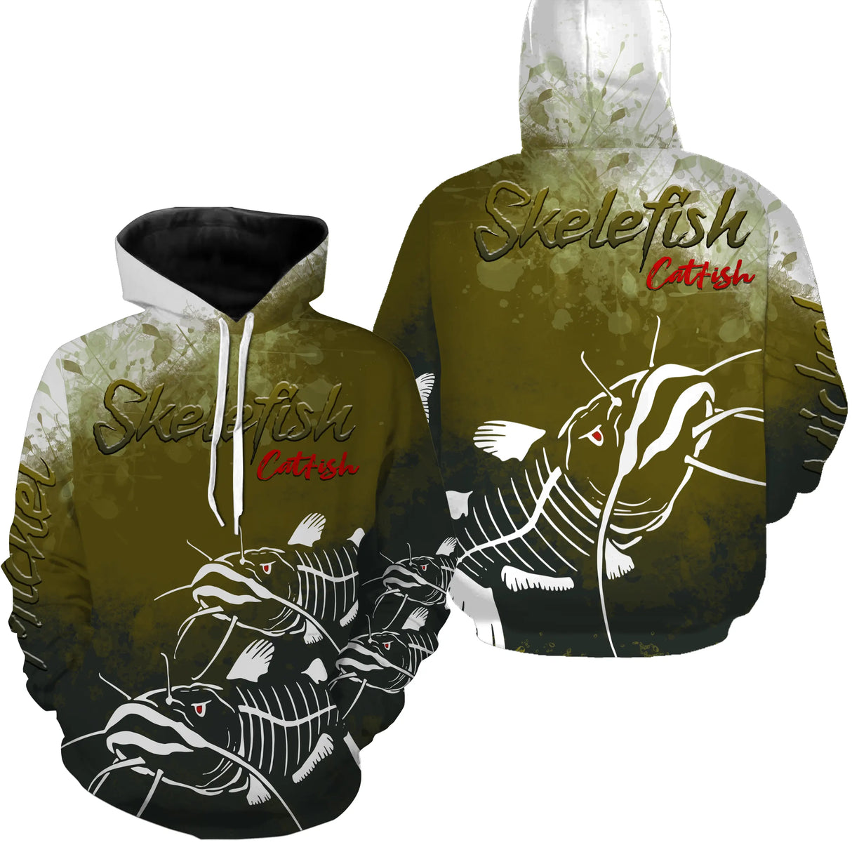 Sweat zippé pêche silure skelefish squelette blanc, prénom brodé, vêtement halieutique unisexe