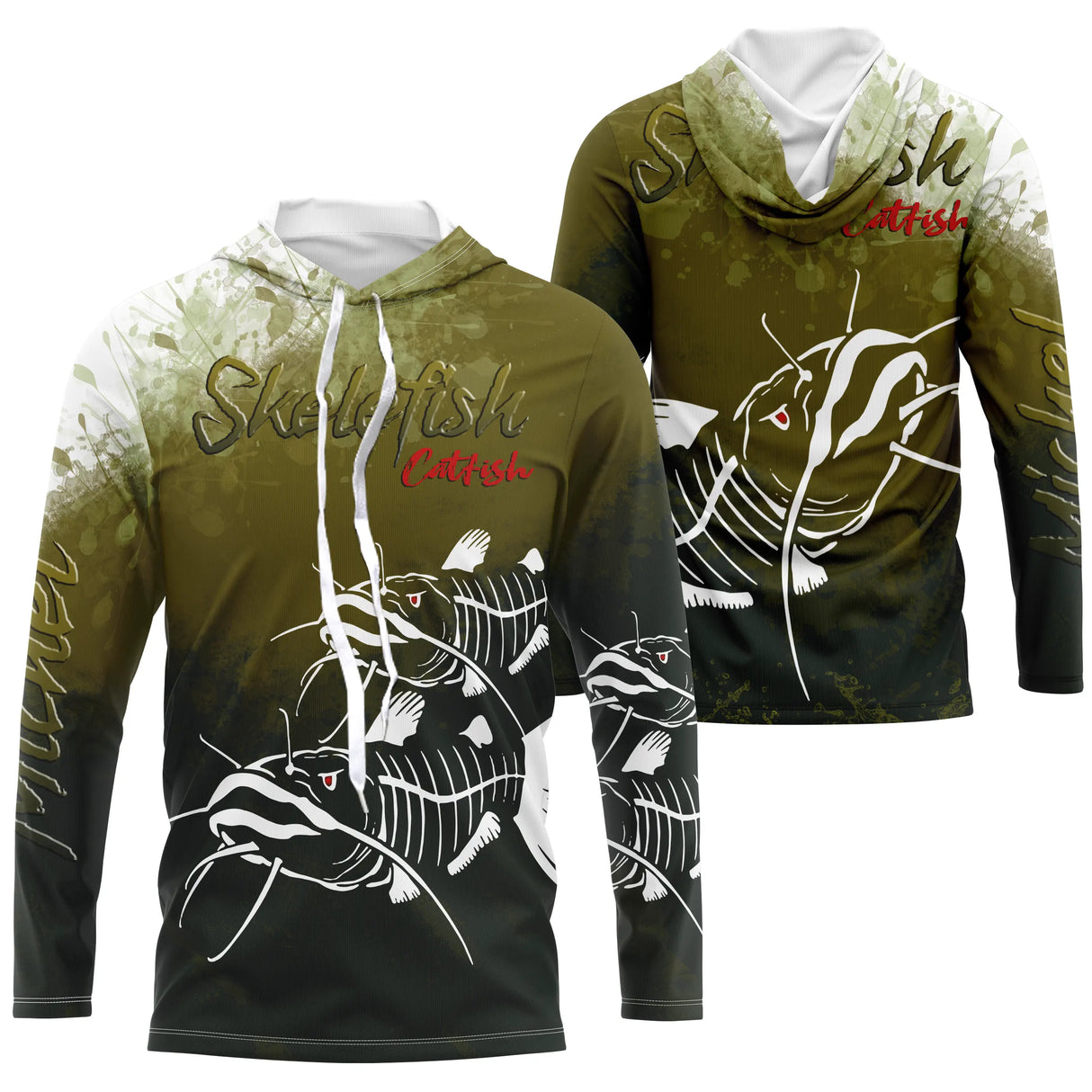 T-shirt anti UV à capuche pêche silure skelefish, squelette de catfish blanc graphique sur fond vert mousse, prénom brodé