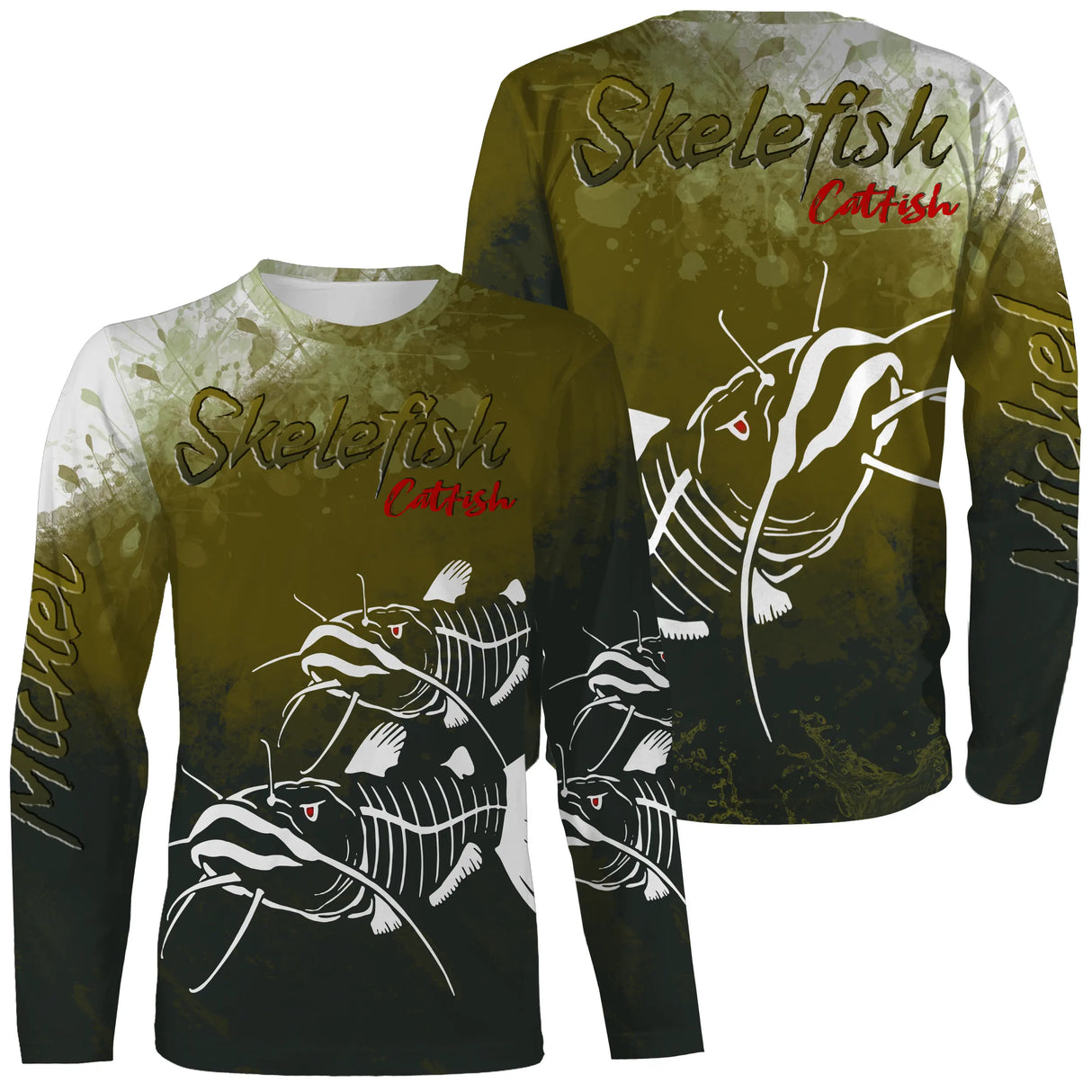 T-shirt manches longues pêche silure skelefish, squelette blanc graphique sur vert mousse, prénom brodé