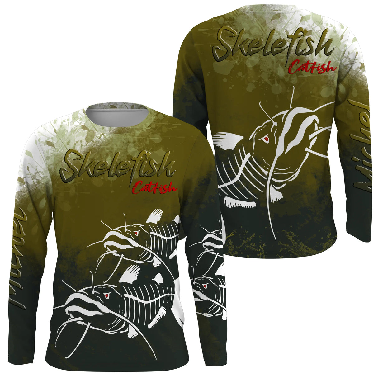 T-shirt anti UV manches longues pêche silure skelefish, squelette massif blanc, vêtement halieutique pour silurophile