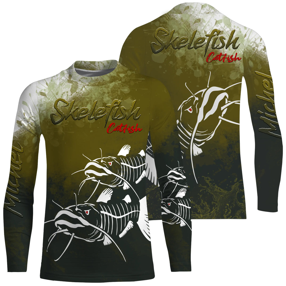 Tee shirt anti UV pêche silure squelette, motif radiographique blanc, vêtement technique silurophile en bateau