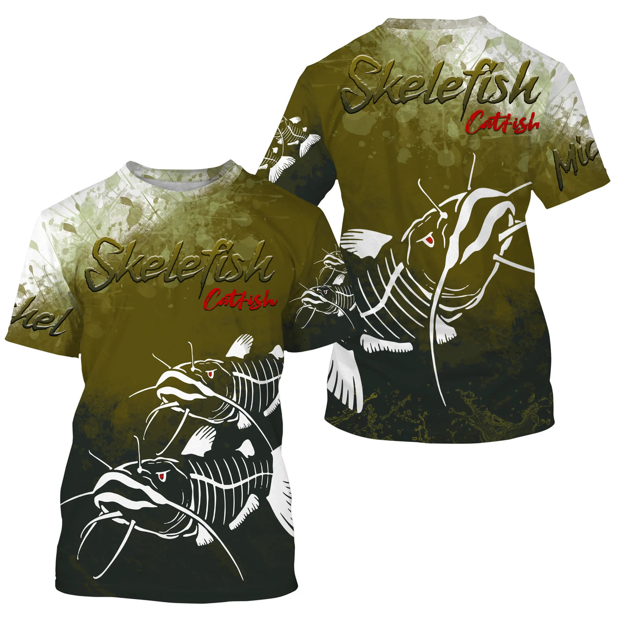 T-shirt manches courtes pêche silure skelefish, design squelette de catfish, accessoire personnalisable pour pêcheur clonk