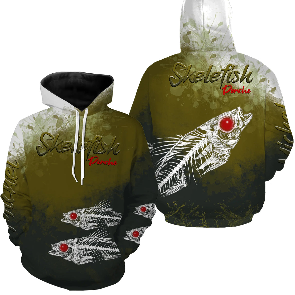 Sweat zippé pêche perche skelefish squelette blanc, prénom brodé, vêtement halieutique unisexe