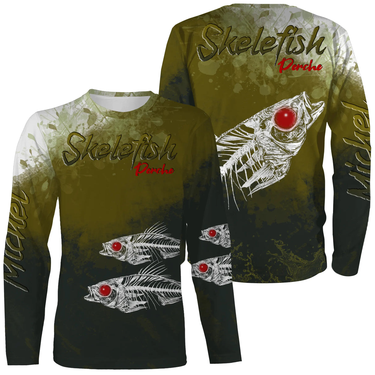 T-shirt manches longues pêche perche skelefish, squelette blanc graphique sur vert mousse, prénom brodé