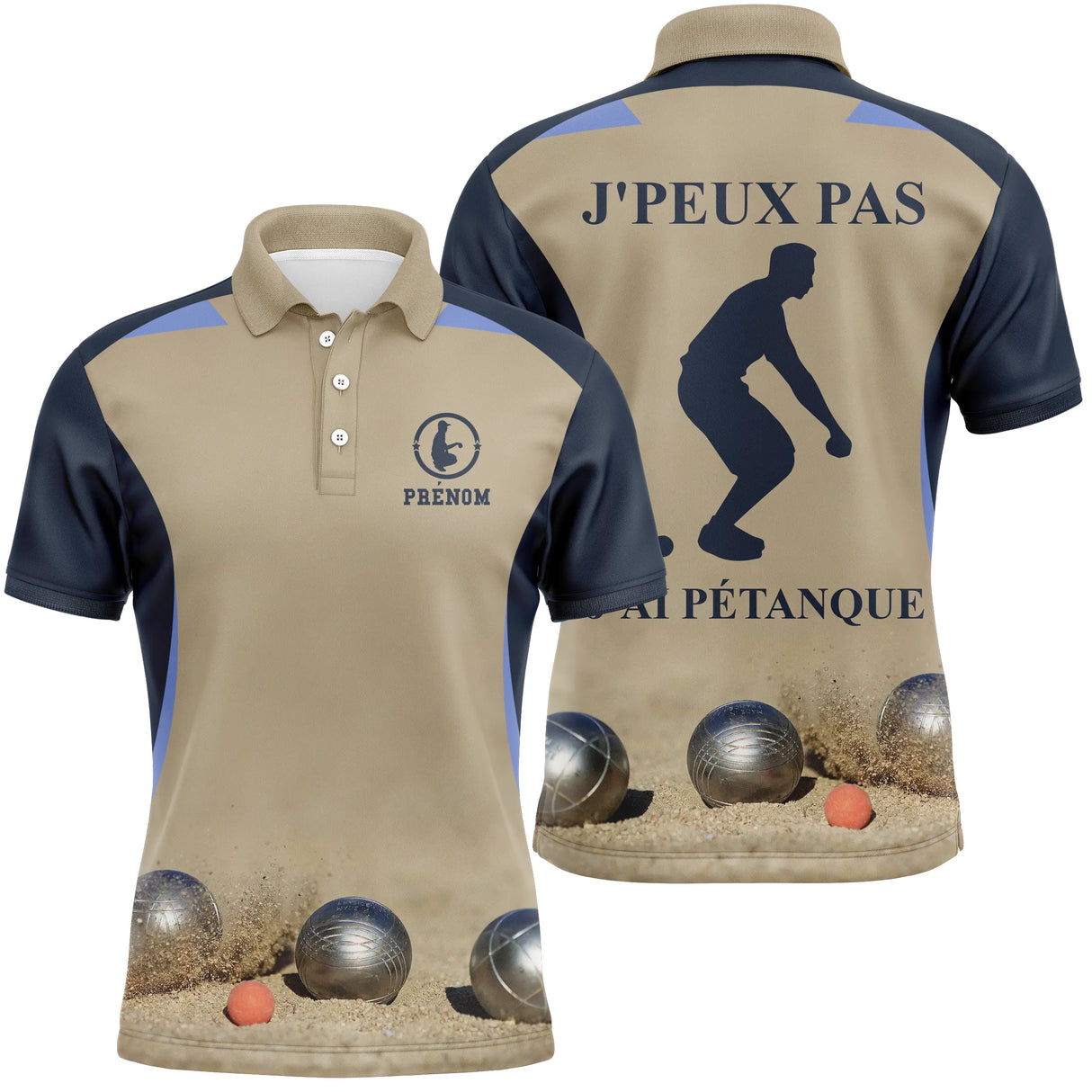 Polo pétanque manches longues unisexe beige humour, marquage prénom pour bouliste passionné