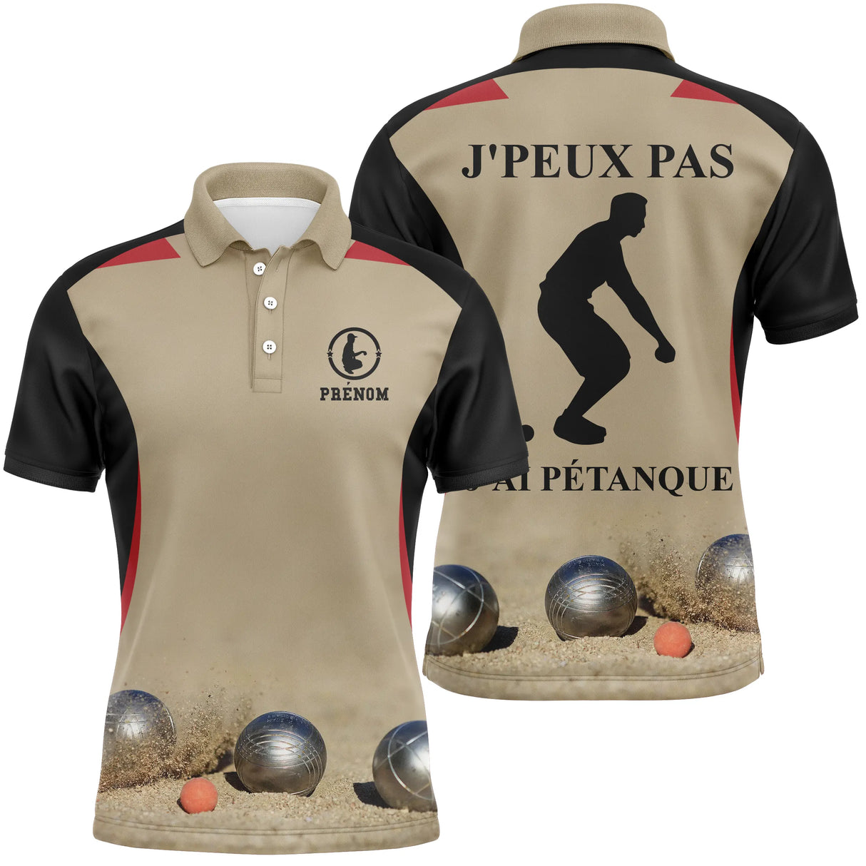 Polo pétanque personnalisé beige noir avec silhouette bouliste et lettrage J'peux pas j'ai pétanque, prénom imprimé