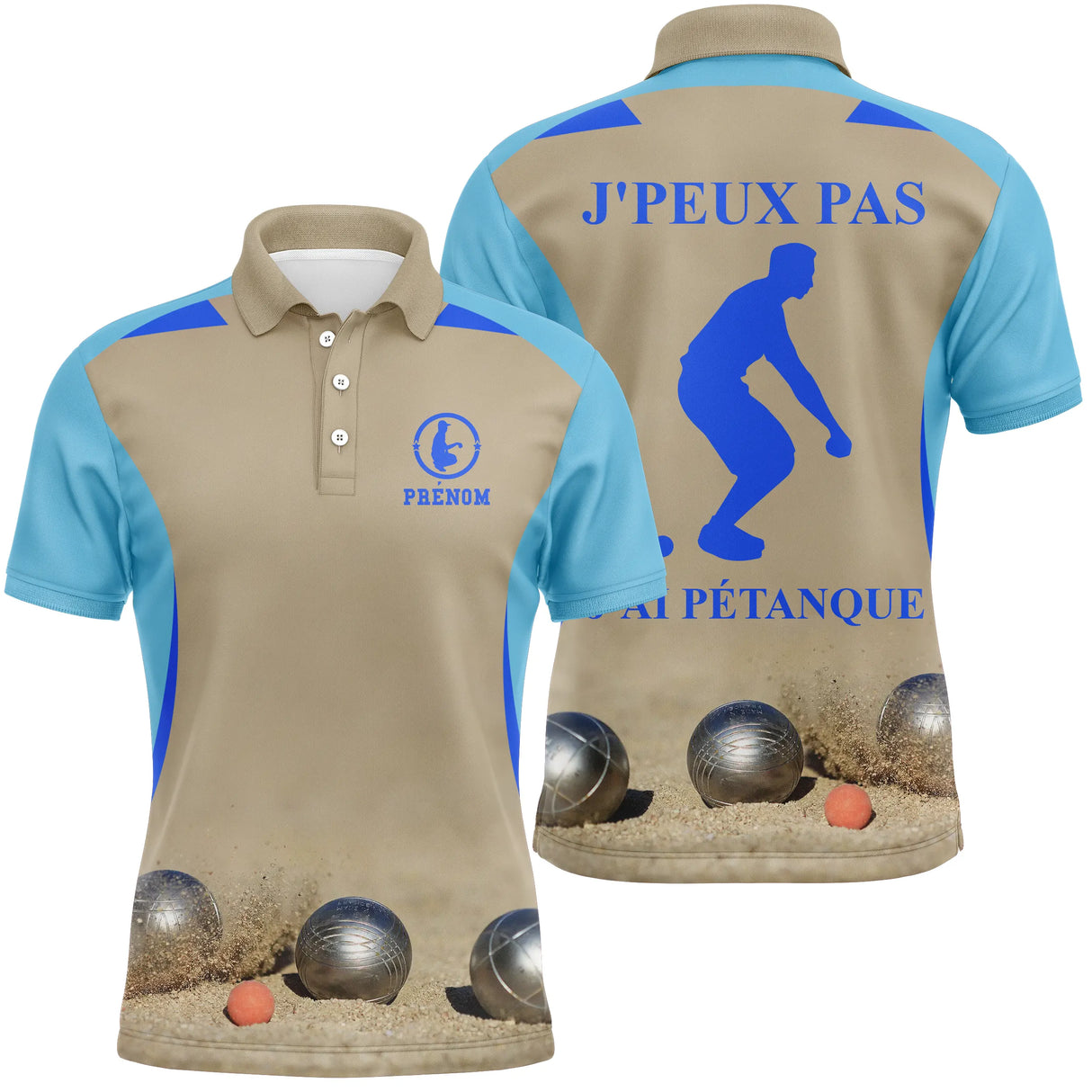 Polo pétanque homme femme manches courtes beige sable, design bouliste personnalisable au prénom