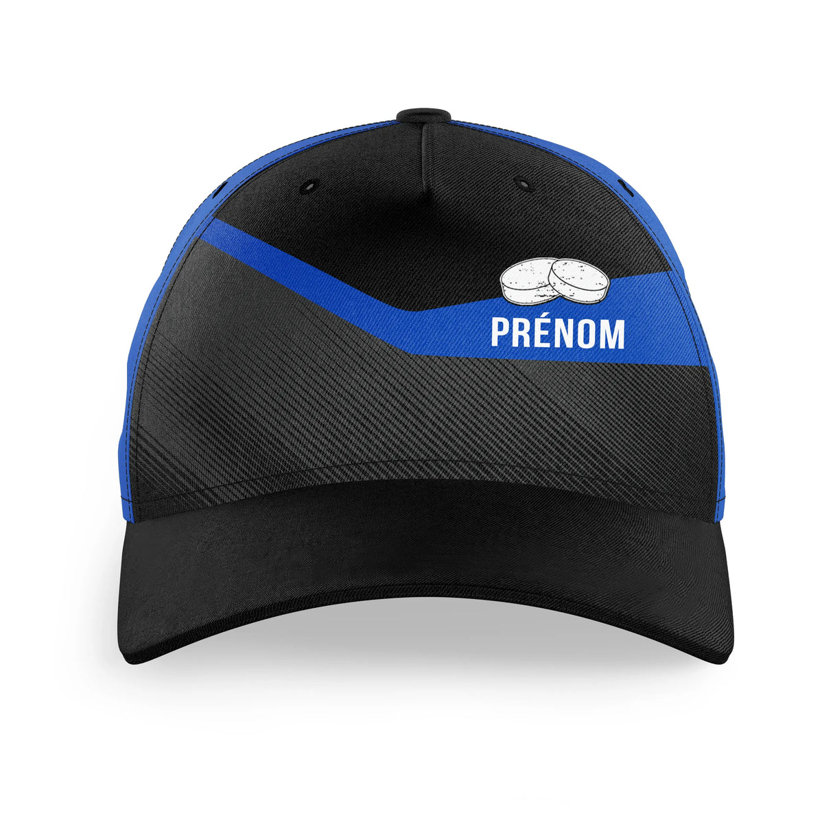 Casquette palet noir et bleu royal illustration palets PRÉNOM zone centrale design contemporain