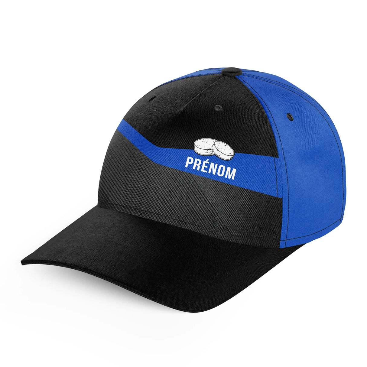 Casquette palet noir et bleu royal vue arrière design contemporain illustration palets sangle réglable