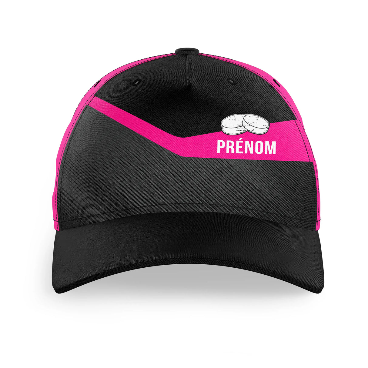 Casquette palet variante noir et bleu royal face illustration palets design sportif