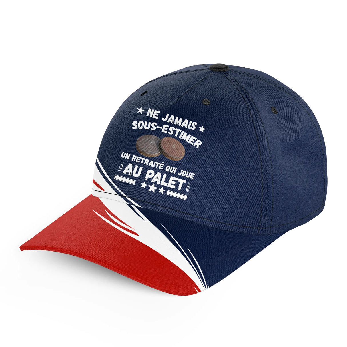 Casquette palet retraité bleu marine tricolore vue arrière sangle réglable illustrations palets