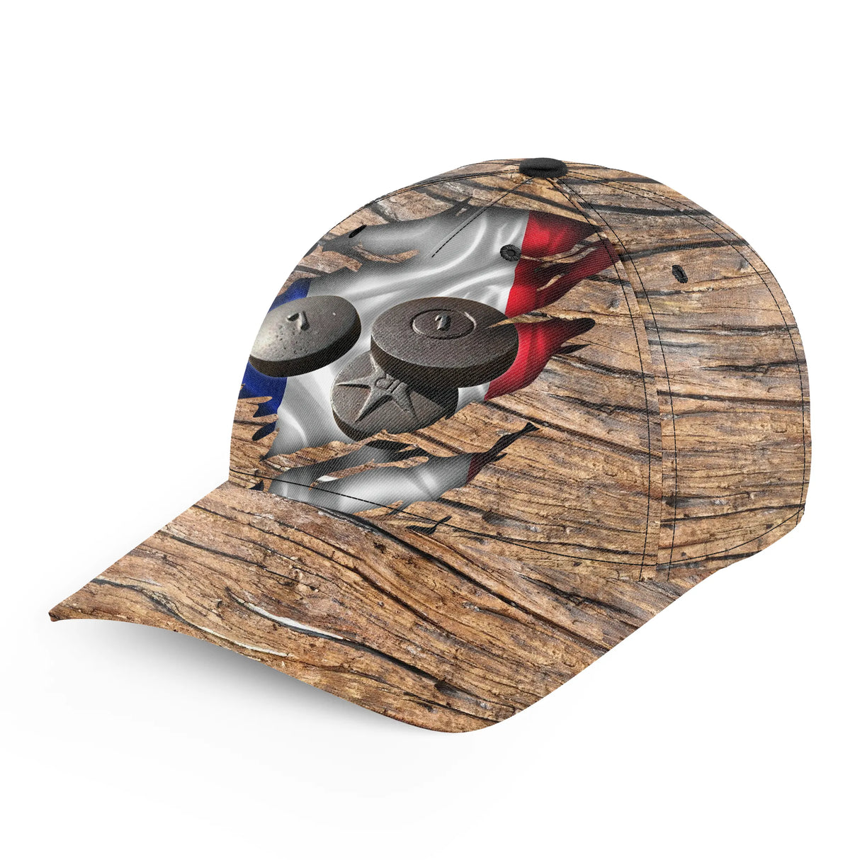 Casquette palet style bois vue arrière texture marron drapeau français visière rigide sangle