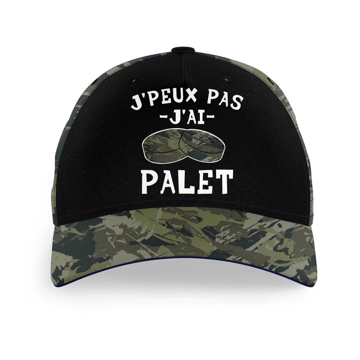 Casquette palet camouflage vert kaki noir message j'peux pas j'ai palet illustration palet face