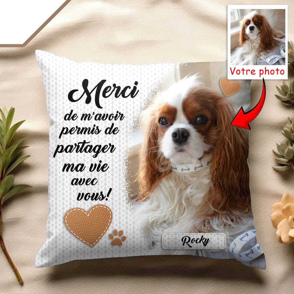 Coussin hommage chat personnalisé blanc avec cadre photo félin et message Merci ma vie avec toi