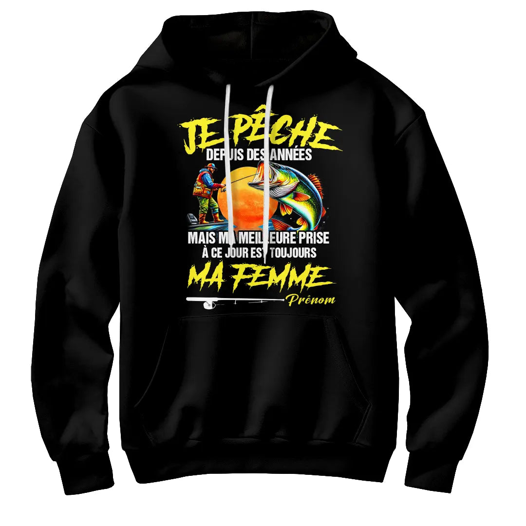 Sweat à capuche pêcheur humour gris chiné avec slogan meilleure prise et poisson multicolore